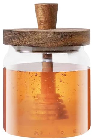 Dzmuero Pot de miel, Pot de miel avec cuillere en bois, Distributeur de miel, Pot à miel en bois dacacia avec couvercle, Récipient en verre scellé, Pot à miel à large ouverture (1 Pièce, Transparent)