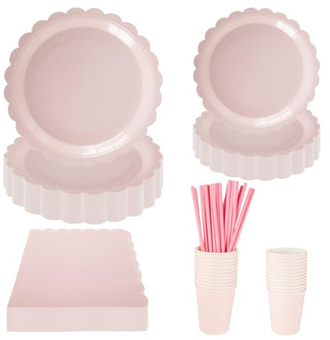 PHUNAT Vajilla de fiesta rosa bebé, juego de vajilla de fiesta de 125 piezas, platos de papel rosa, vasos y servilletas, juego de vajilla desechable para 25 invitados, suministros de fiesta rosa para