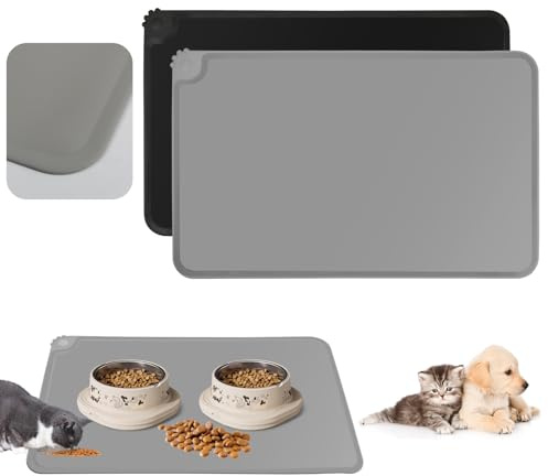 FHISKUNYU Pack de 2 Alfombras de Silicona para Perros y Gatos | 48x30 cm | Impermeable y Antideslizante | Fácil de Limpiar | Negro y Gris
