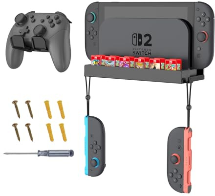 FINTIE Support Mural en Métal Compatible avec Nintendo Switch 2, avec 1 Support de Manette - [12 Emplacements de Cartes de Jeu] avec 2 Crochets pour Joy-Con, Noir
