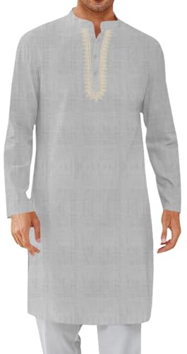 Yousify Mens Kaftan Thobe Casual Long Henley Shirts Dark Grey