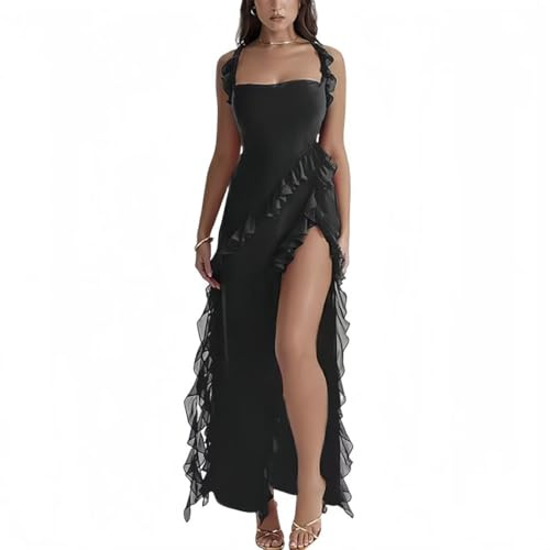AOWVUTS Vestido Largo Mujer Sexy Vestidos sin Mangas Elegante Maxi Vestido sin Espalda con Abertura Vestidos Ajustado Verano Dobladillo con Volantes Bodycon para Fiesta Cóctel Noche Club