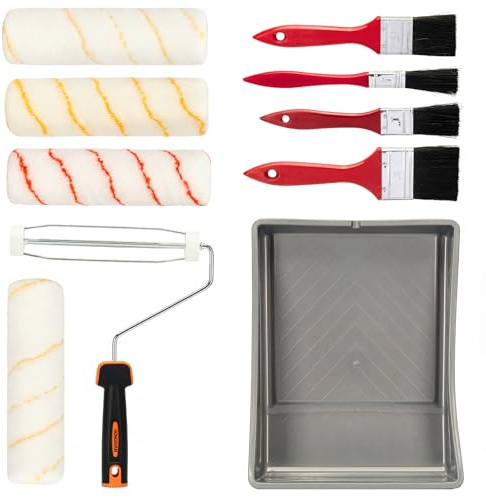 Set di 6 rulli per pittura da 22,9 cm + confezione da 4 pennelli per soffitti da 1,3 cm, 2,5 cm, 3,8 cm, 5,1 cm, per pittura fai da te con vernici a emulsione su pareti e soffitti per superfici lisce