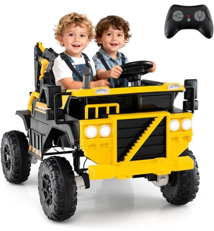 COSTWAY 24V Voiture Excavatrice Électrique Enfant avec Télécommande & Pelle, Camion Électrique 2 Places avec Musique & Lumières & Klaxon, 2,6-5km/h, Charge 25kg, Tracteur pour 3 Ans+, Jaune