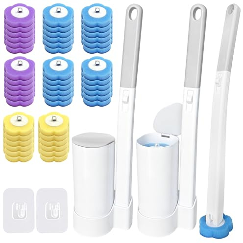 TZEKING Set Scopino WC Usa e Getta 54 Pezzi – 2 Spazzole con Manico Lungo, 2 Supporti a Parete con Staffa Adesiva, 48 Ricariche Detergenti in Spugna per Pulizia Bagno, Lavandino e Vasca