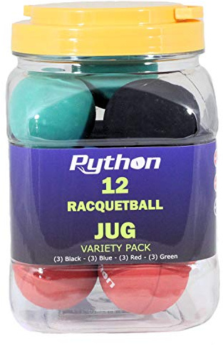 Python Variety Pack Racquetball(Jug) (12 Balls)(3-Black,3-Blue,3-Red, 3-Green)