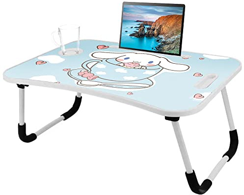 Laptop Table Cartoon Pictures, Portable Laptop Bed Tray Table with Folding Legs & Drink Slot, Reading Holder, Notebook Stand, Breakfast Tray for Sofa, Bed, Patio, Balcony, Garden (Blue)