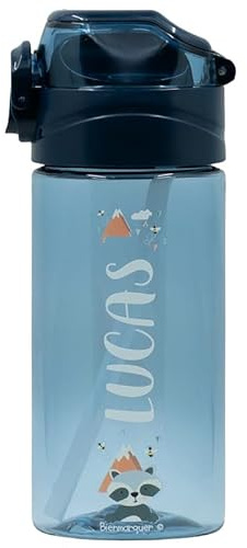 gutmarkiert Personalisierbare Trinkflasche für Kinder – Auslaufsichere Kinder Trinkflasche mit Strohhalm – 100% BPA-Frei – Robuste Flasche für Jungen und Mädchen – Spülmaschinenfest – 450ml Dunkelblau