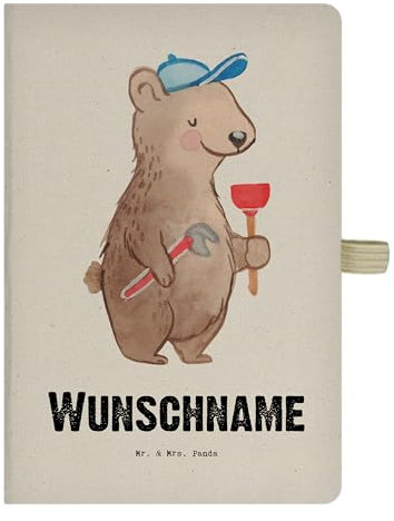 Mr. & Mrs. Panda DIN A4 Personalisiertes Notizbuch Klempner Herz - Personalisierte Geschenke, Stoff Mit Namen, Gesellenprüfung, Handwerker, Nachhaltiges Gravur, Lustig, Kariert, Öko Wunschtext, Spruch