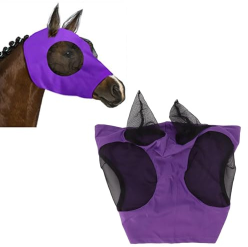 Andningsbar Häst Ansiktsmask med Öronskydd, Elastisk Mesh Flugmask för Hästar, Ridsportsutrustning, Lila