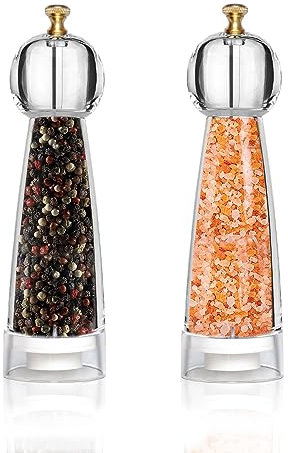 Pepper Grinder Set & Salt Mills，Classic Manual Transparent Acrylic Rotor，2PCS 8IN High Capacity Pepper & Salt Grinder Seasoning Bottle，Ceramic Core with Adjustable Grain Size Mill for Fresh Spices