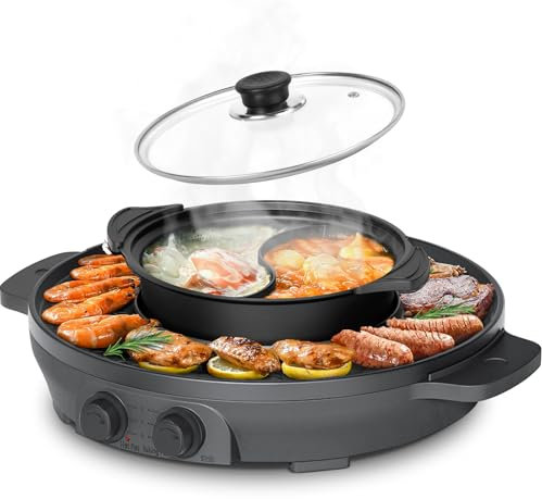 ENFRIFAM 2000W Electric 2 in 1 Hot Pot and Grill Suitable for 2-8 People Large Dimension 50cm BBQ Grill Hot Pot with Divider, Evenly Heats with Independent Temperature Control, Nonstick and Smokeless