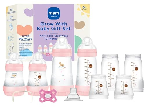 MAM Grow with Baby - Set de regalo de 15 piezas para recién nacidos de 0 a 4 meses - biberones anticólicos y pezones de silicona - SkinSoft Essential - Artículo para bebé niña