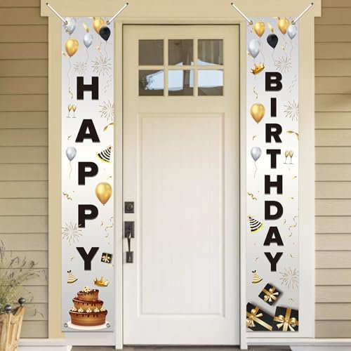 Koliphy Geburtstag Deko, Happy Birthday Banner, Geburtstag Tür Banner für Männer Frauen, Verdicken Stoff Geburtstagsbanner Dekoration für Drinnen Draußen, 180x30cm, Schwarz Weiß