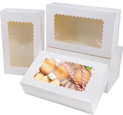 AWCIGG Lot de 20 Boîtes en Carton Blanc avec Fenêtre Transparente Boite Gateau 25,4 x 15,3 x 6,35 cm Boite Pâtisserie Carton pour Biscuits Cookies Cupcakes Tarte Cadeaux