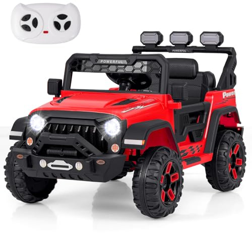 GOPLUS Voiture Electrique Enfants 2 Places 12V avec Télécommande, Lecteur Musique, Lumières LED, Quad 4x4 Electrique Enfants Démarrage Progressif, 3 Vitesses, pour Enfant 3+ Ans,Charge 30KG (Rouge)