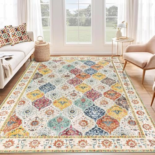 SHACOS Vintage Washable Rugs Living Room Large 160x230 cm Boho Soft Short Pile Rug Moroccan Carpet Distressed Floral Rugs Non Slip Accent Area Rug for Bedroom Dining Room, Colourful