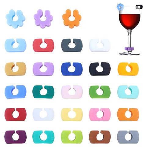 JRSHIRLEYLTD Lot de 27 marqueurs de verre en silicone réutilisables pour verre à vin, verres à vin, verres à boire, Einheitliche Spezifikationen, Silicone, Pas de gemme