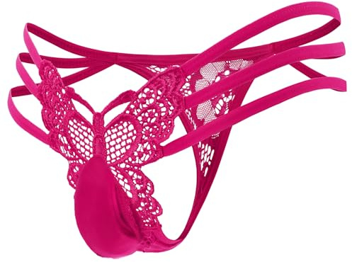 Bommi Fairy Men’s Butterfly Hollow Lace Edge Thong Low Rise String Sexy Panties with Pockets Funny Gift (UK, Alpha, One Size, Regular, Regular, Rose)