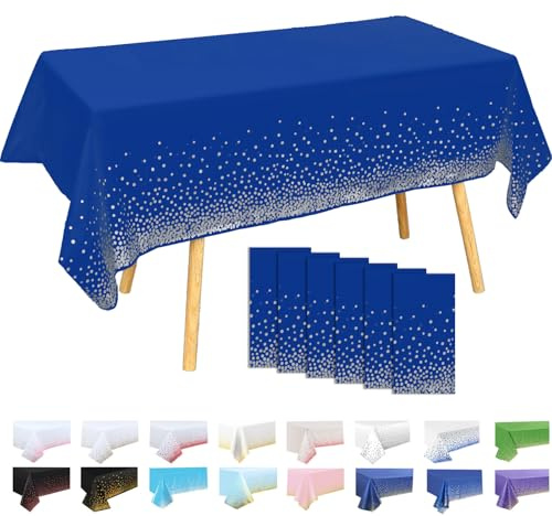 Lot de 6 Nappes Plastiques à Pois Fond Bleu Foncé avec Pois Argentés 137x274 cm – Nappe Rectangulaire Réutilisable pour Fête Anniversaire, Décoration Table Événement Sportif, Imperméable Anti-taches