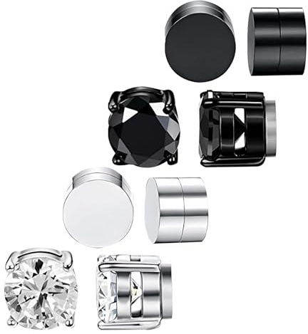 4 Pairs Magnetic Earrings for Men Women, 8MM Non Piercing Magnetic Stud Earrings Clip on Earring for Girls Boys Fashionable and Comfortable Fake Earrings Decorated with Zircons (Silver, Black)