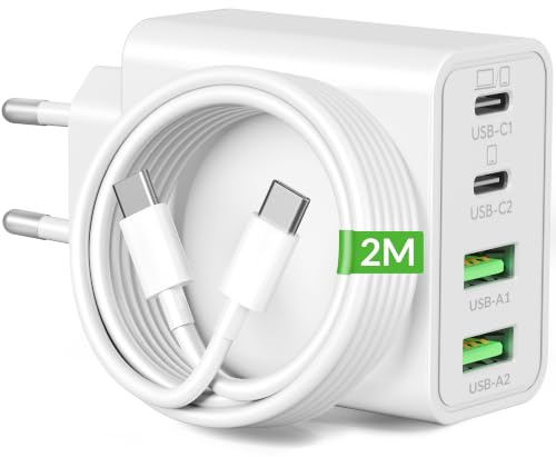 65W 4-port USB C-laddare för MacBook Pro 16 15 14 13 tum, MacBook Air 13 tum, iPad Pro/Air, Laptop, iPhone 17/16/15, GaN PD/PPS snabbladdningsuttag och 240 W 2M kabel, typ-C nätadapter