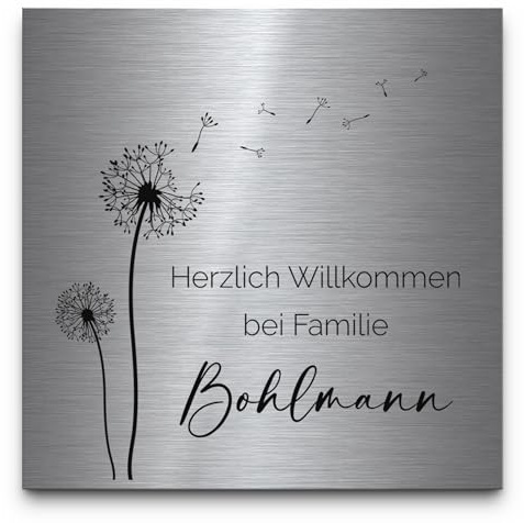 Türschild personalisiert Edelstahl V2A - Namensschild mit Namen - ab 8x8 cm - Briefkastenschild Klingelschild Haustürschild - selbstklebend o. Bohrlöcher - graviertes Edelstahlschild