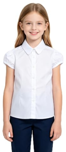 Bienzoe White Wrinkle-Free Girls Blouse: School Uniform Cotton Shirt | Ages 6-13, For Classroom, Choir, Church, Picture Day, Recitals, Graduation, Family Photos, Regular Fit, Easy Care, Soft Feel