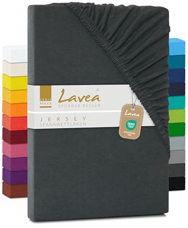 Lavea® Jersey Topper Spannbettlaken, Spannbetttuch, Serie Maya, 100% Baumwolle, hochwertige Verarbeitung, mit Gummizug und OekoTex100 90x200cm | 100x200cm, Anthrazit
