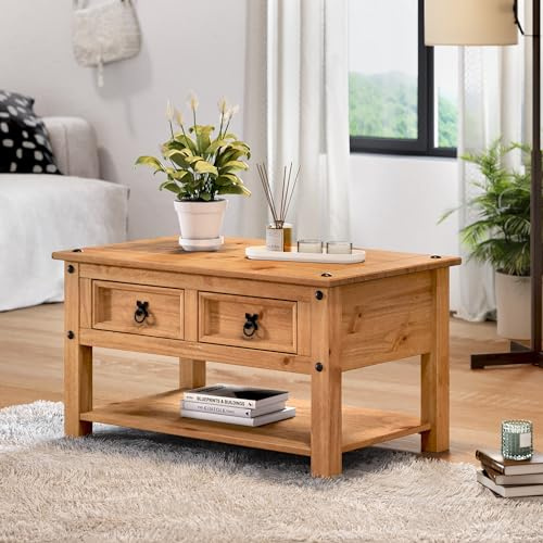 Mercers Furniture Corona Coffee Table with 2 Drawers & Shelf Solid Wood Pine Wooden Living Room Lounge Mexican Style 45cm High 85cm Wide 50cm Deep