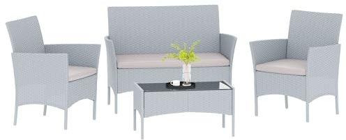 bigzzia Set di mobili da giardino, set per esterni, sedie e tavolo da bistrò, per prato, patio, serra interna con piano in vetro, divano, 2 poltrone con cuscini, grigio