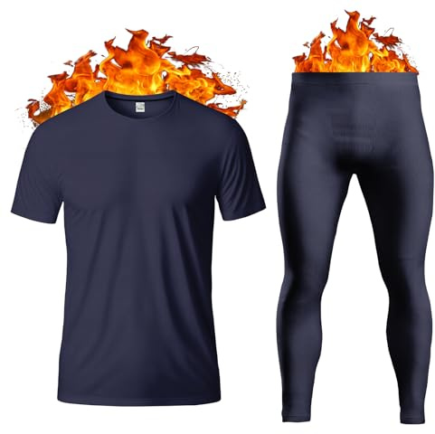 Thread Linens Men's Thermal Underwear Set Base Layer - Short Sleeve T-Shirt/Vest/Top and Long Johns For Men Ultra Soft Warm Underwear Man Body Warmer Size S-XXL (Navy, M)