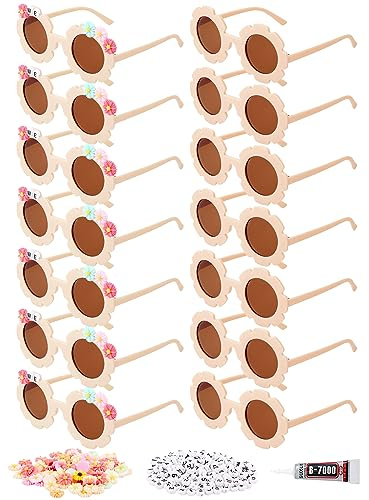 Dunzy 14 Pcs DIY Round Flower Sunglasses with 200 Random Letter Beads 50 Daisy Charms Glue for DIY Name, Mardi Gras Party(Fresh Color)