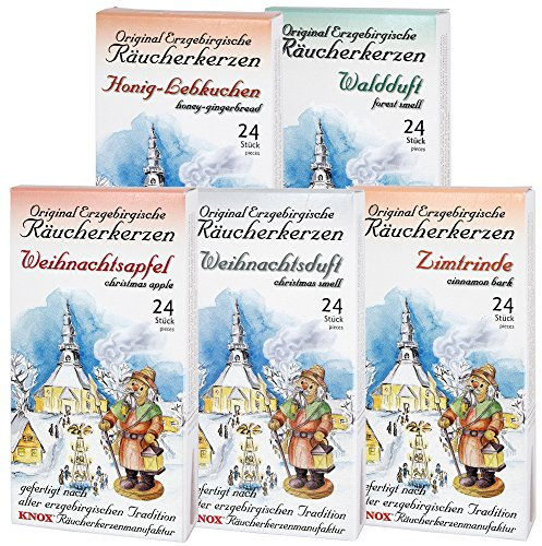 Knox Räucherkerzen 5er Set - Original Räucherkerzen nach erzgebirgischer Tradition gefertigt - Waldduft, Honig-Lebkuchen, Weihnachtsapfel, Weihnachtsduft, Zimtrinde - Made in Germany