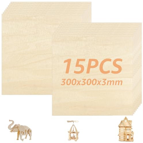 WOPPLXY 15 Pièces Contreplaqué 3mm, 300 x 300 x 3 mm Plaque Bois 3mm, Contreplaqué Tilleul pour Maquette de Bricolage, Pyrogravure, Gravure