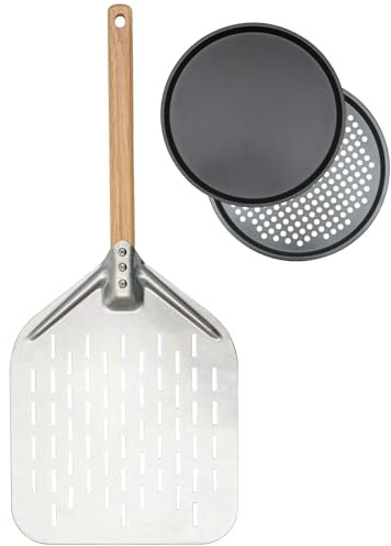 ASPENBO Perforierter Pizzaschieber+Pizzablech 3 Teiliges Set,12 Zoll,Pizzaschaufel Aluminium mit Abnehmbar Holz Griff Pizzaschieber,Edelstahl Rund Pizzaform Pizza Backblech zum Backen im Ofen.
