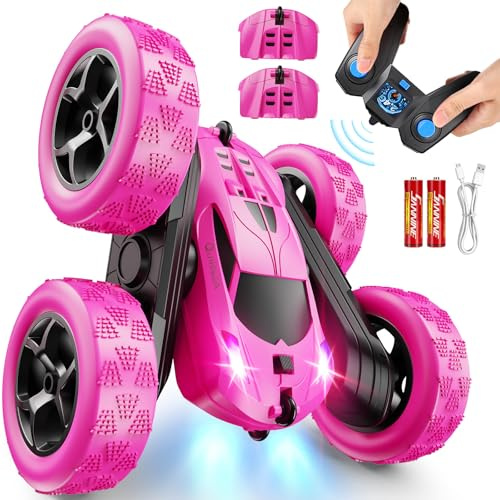 QUNREDA RC Cars, Rose Remote Control Car for Girls, 2.4 GHZ Double Sided RC Stunt Car 360° Rotating Remote Control Crawler with Headlights Car Toys for 6 7 8 9 10 11 12 Girls Birthday Gift