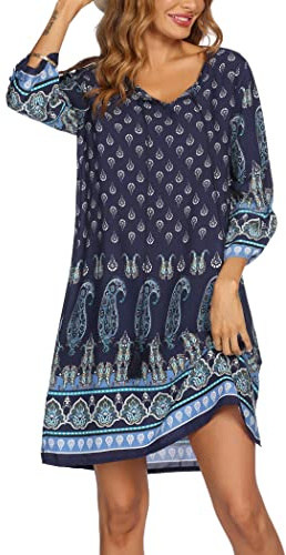 Zeagoo Abito estivo da donna, con maniche a 3/4, motivo floreale, stile bohémien, mini abito a tunica largo, stile casual, blu navy, M