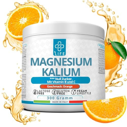 Magnesio E Potassio Senza Zucchero 300g Arancia PiùLife Con Vitamina B12, B6, B1, Acido Folico, Vit C, Energia Integratori Stanchezza, Sali Minerali, Muscoli, Sistema Nervoso, Magnesio In Polvere