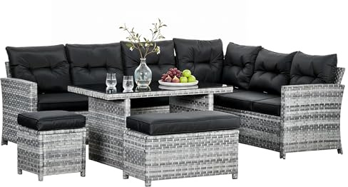 Outsunny 5 Pieces PE Rattan Garden Furniture Set Corner Sofa Mixed Grey | 8 Seater Patio Sofa Set, Glass Table, Stools, Cushions, for Poolside