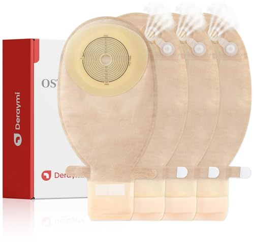 DERAYMI 20PCS Colostomy Bags, One Piece Ostomy Bag with Air Vent, 20-66mm Cuttable Hydrocolloid Sump Drainable Pouches, Ostomy Supplies for Colonoscopy Ileostomy Stoma Care