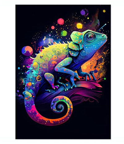 Psychedelic Space Chameleon Space Poster, Colourful Abstract Astronomy Wall Art Home Decor, Astronaut Planets Print, Archival Matte, A4 (Print Only) - 29.7x21cm