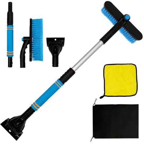 Eiskratzer Auto mit Besen Schneebesen Autowaschhandtuch, Telecop 56-73 cm, ABS Eisbrecher, Ergonomischem Schaumstoffgriff, Schonende Borsten, Scheibenkratzer Auto, 360 Drehung Abnehmbar (Blau)