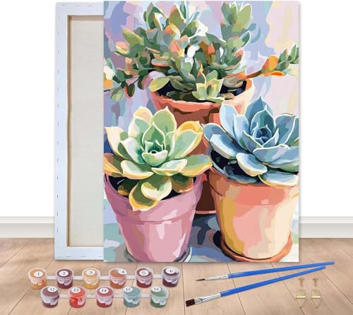Bimkole Pintar por Números para Adultos con Marco Verde Suculento, kit de pintura al óleo según números, pintura acrílica para principiantes, dibujo y pintura con pinceles, decoración mural, arte