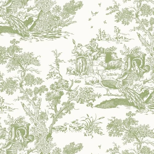 Yomshi Self Adhesive Wallpaper 44cm×20m Tree and Animal Wallpaper Peel and Stick Green Sticky Back Plastic Vintage Peacock Pattern Waterproof Vinyl for Living Room Wall