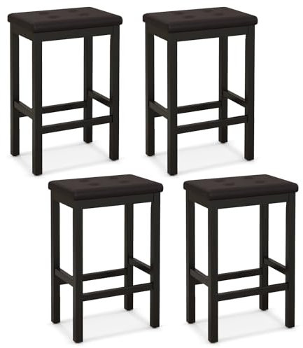 Modern Bar Stools Set of 4 Upholstered Saddle Stools with Leather Exterior Button tufted Design Footrests & Anti slip Pads Padded Counter Height Chairs for Living Room (Brown+Black)