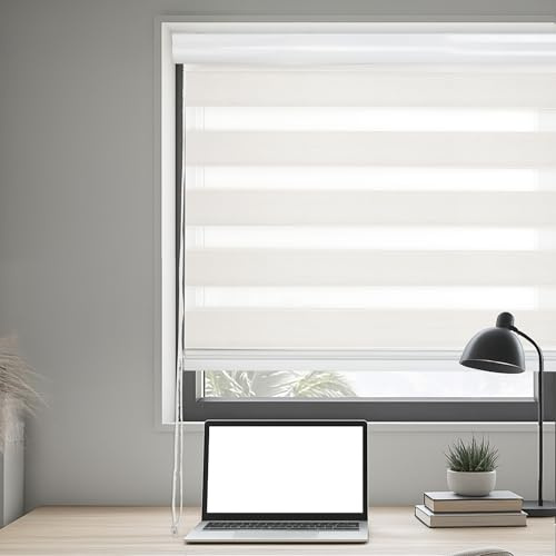 DH Persiana Enrollable Zebra con Doble Capa – 200x200cm – Estor de Día y Noche con Control de Luz, Instalación por Perforación, Estilo Moderno y Elegante para Hogar y Oficina (Blanco)