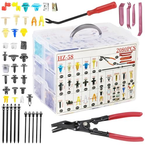 2080Pcs Car Retainer Clips & Fasteners Kit – 33 Universal Sizes Nylon Bumper, Fender Rivets, Door Panel Clips, and Plastic Rivets with 10 Cable Ties and Removal Tool for Toyota, Ford, Benz (2080pcs)