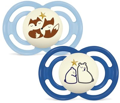 MAM Perfect Night Schnuller | 6-16 Monate | leuchtende Babyschnuller | 94% Akzeptanz | von Experten empfohlen | beugt Zahnfehlstellungen vor | SkinSoft Silikon | Füchse/Bären | 2 Stück