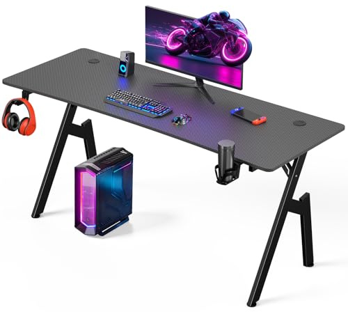 Warmiehomy Gaming Desk 160 x 60cm, Computer Desk with Headphone Hook, Black | Computer Desk with Cup Holder and Mouse Pad. A-Shaped Gaming Table for Home Office, Bedroom.